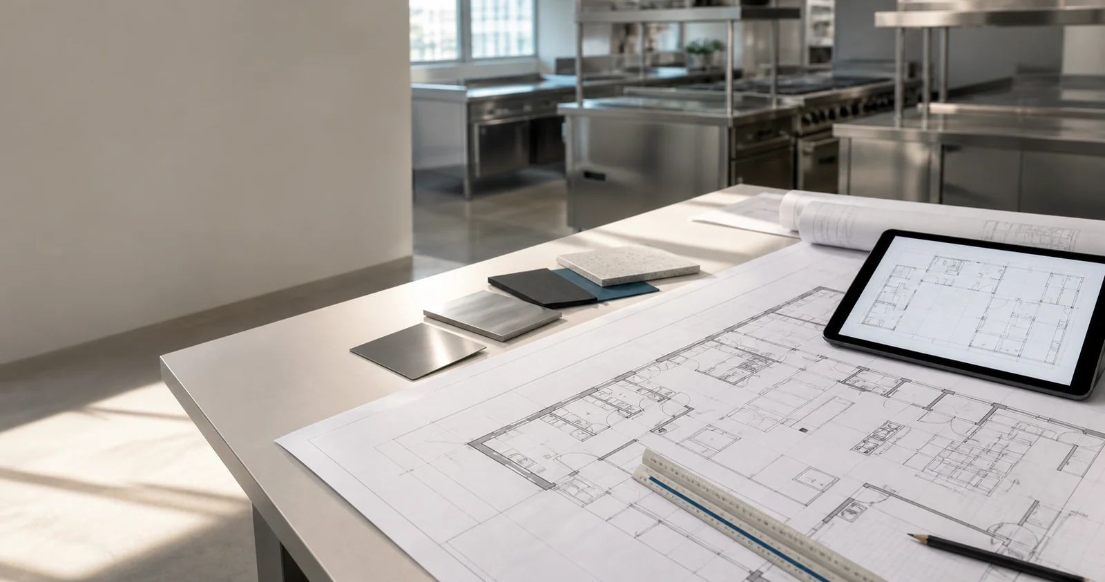 Planungstisch mit Großküchengrundriss, Materialmustern und digitalem Layout vor einer professionellen Küche.
